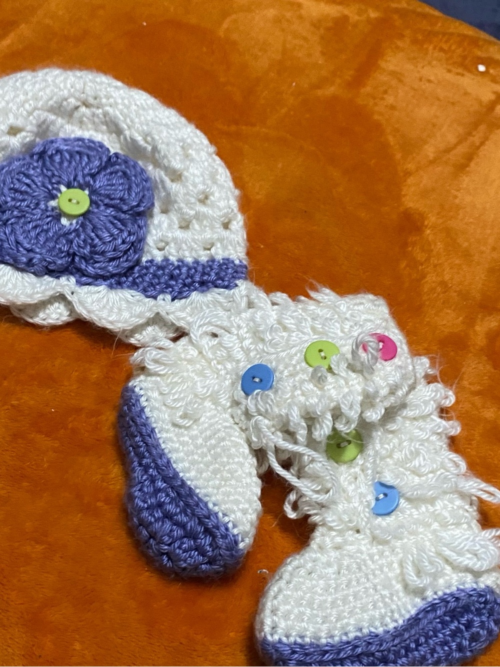 White and Purple Crochet Baby Hat and Booties Set with Colorful Buttons